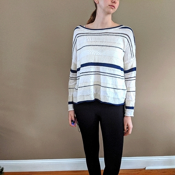 Lou & Grey Striped Sweater Size M, Navy Cream - Picture 3 of 9